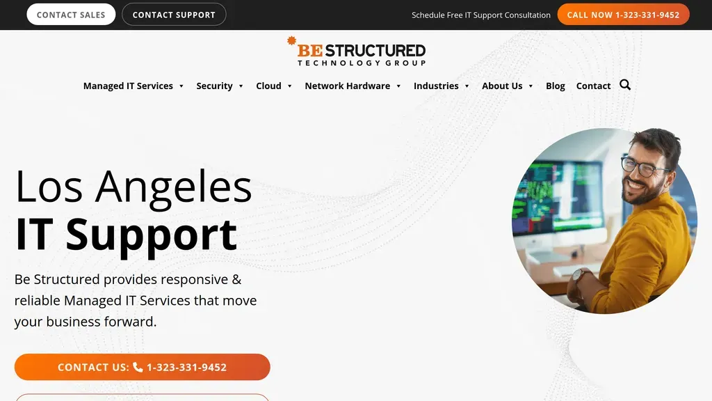 Be Structured Technology Group homepage with Los Angeles IT support messaging and a photo of a technician