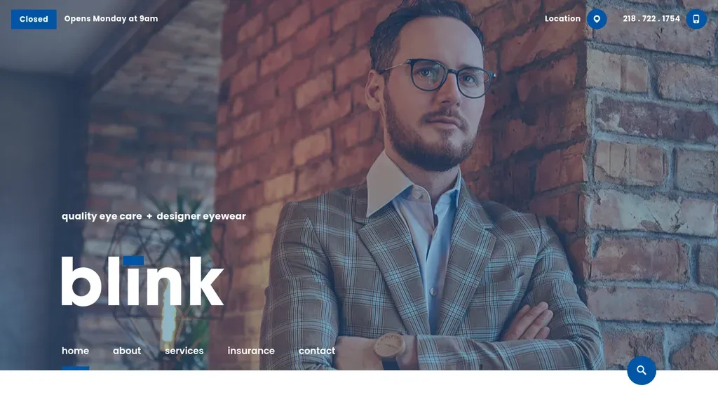 Blink Optometry homepage with a bearded man in glasses and the tagline "quality eye care, designer eyewear"
