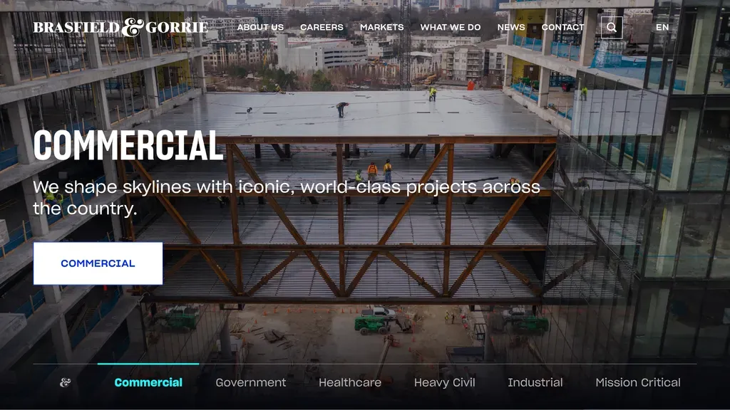 Brasfield & Gorrie homepage with a commercial skyline hero and market navigation