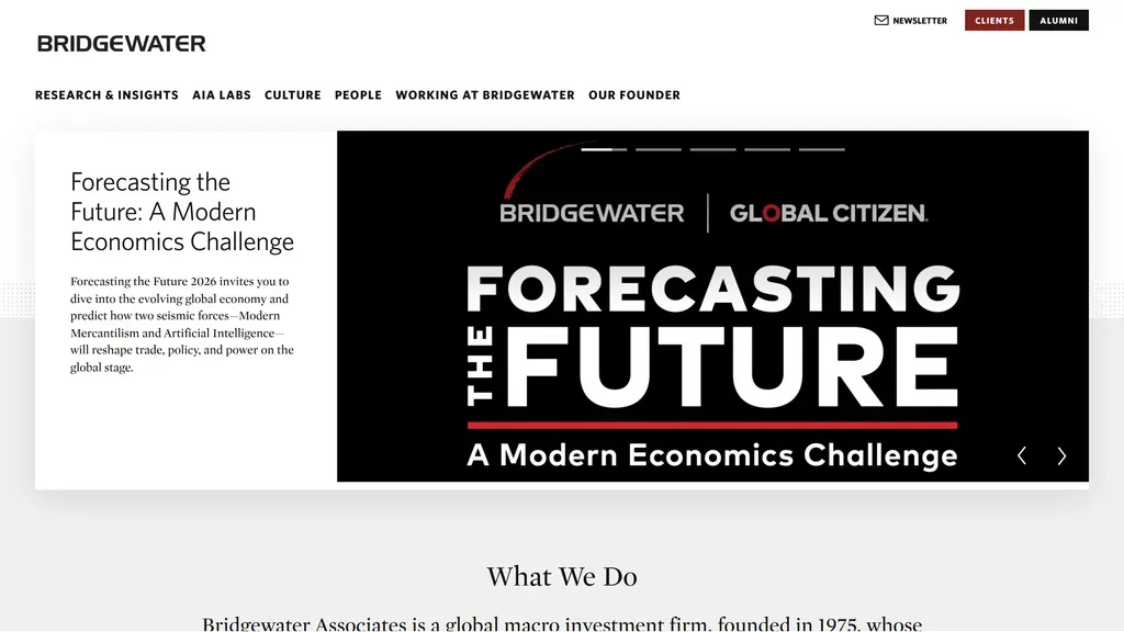 Bridgewater Associates homepage featuring a "Forecasting the Future" economics feature