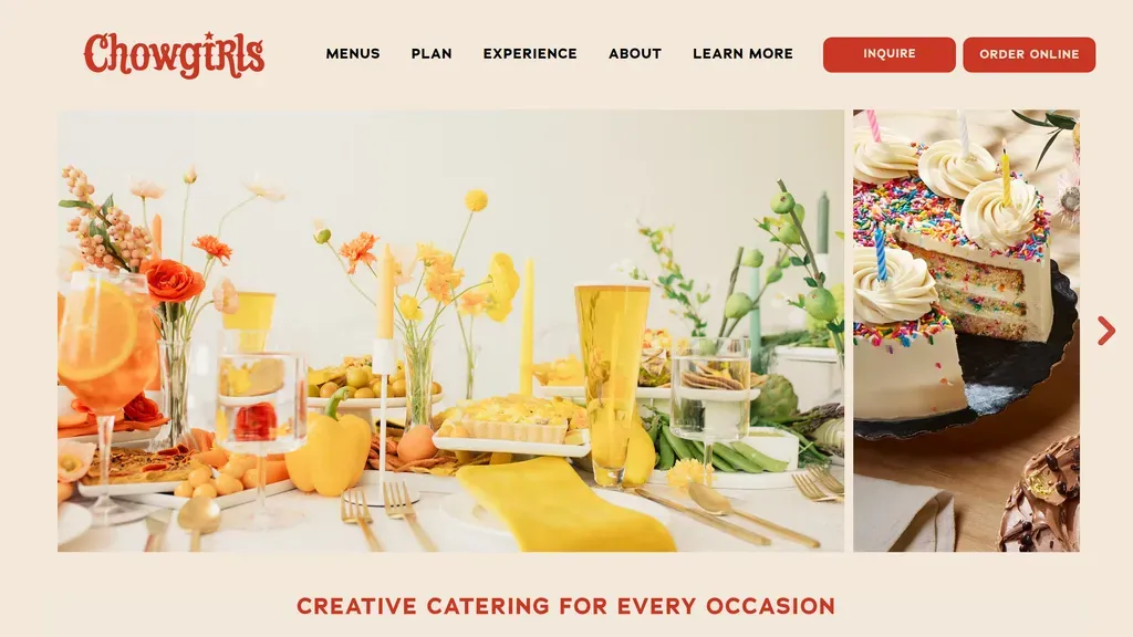 Chowgirls Catering homepage with a bright, colorful table spread of appetizers and cake in a warm cream palette