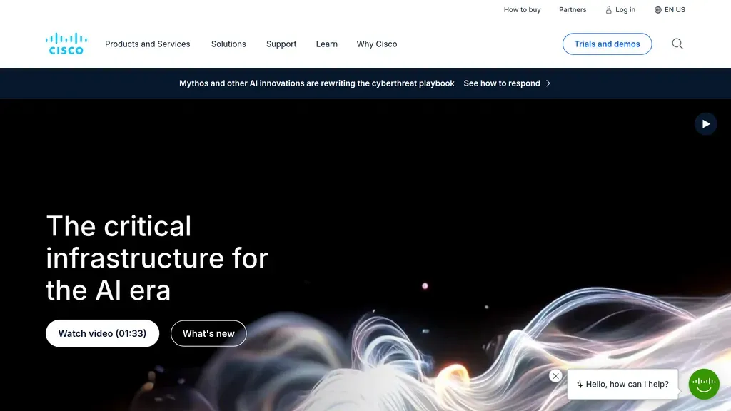 Cisco homepage with the headline "The critical infrastructure for the AI era" over flowing light trails