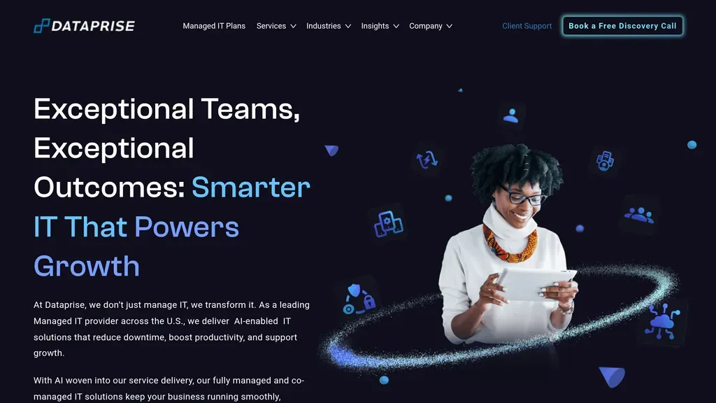 Dataprise homepage with the headline "Exceptional Teams, Exceptional Outcomes" on a dark tech background