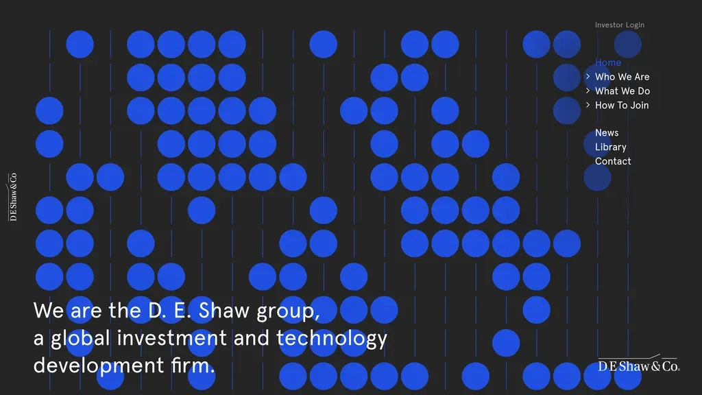 The D. E. Shaw Group homepage with an abstract dot-grid graphic and minimal navigation