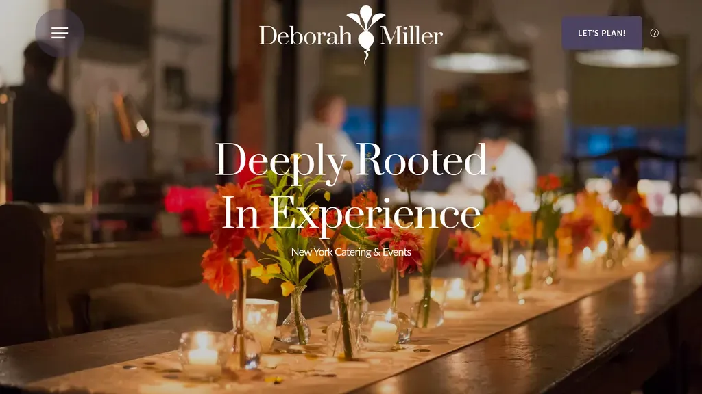 Deborah Miller Catering homepage with the headline "Deeply Rooted in Experience" over an elegant event photo