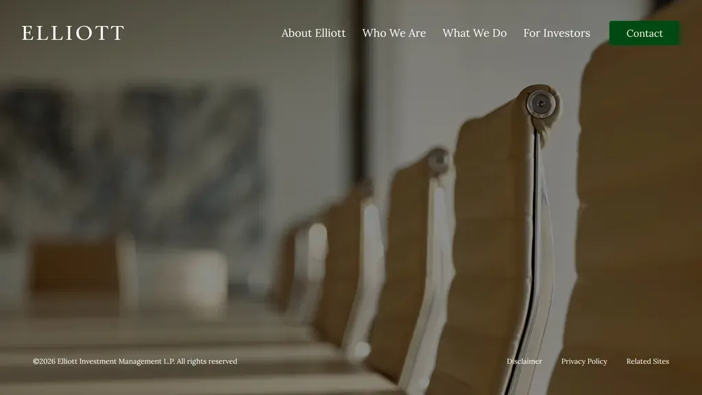 Elliott Management homepage with a spare, dark institutional layout