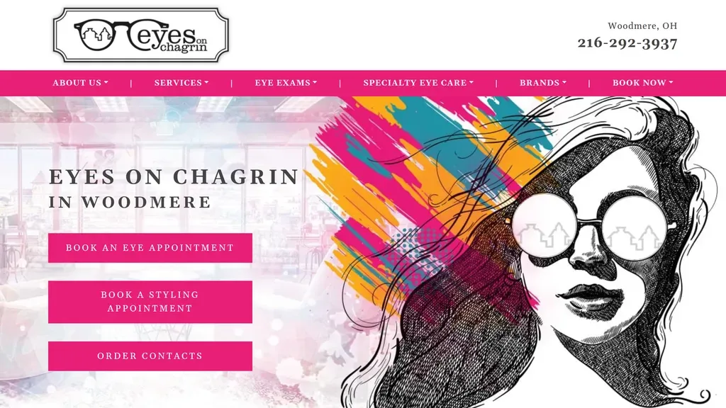 Eyes on Chagrin homepage with a paint-splash illustration of eyeglasses and booking buttons