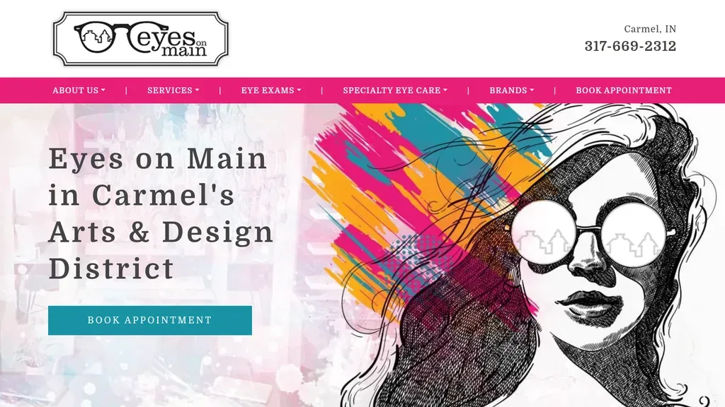 Eyes on Main homepage with a colorful illustrated hero for Carmel's Arts & Design District