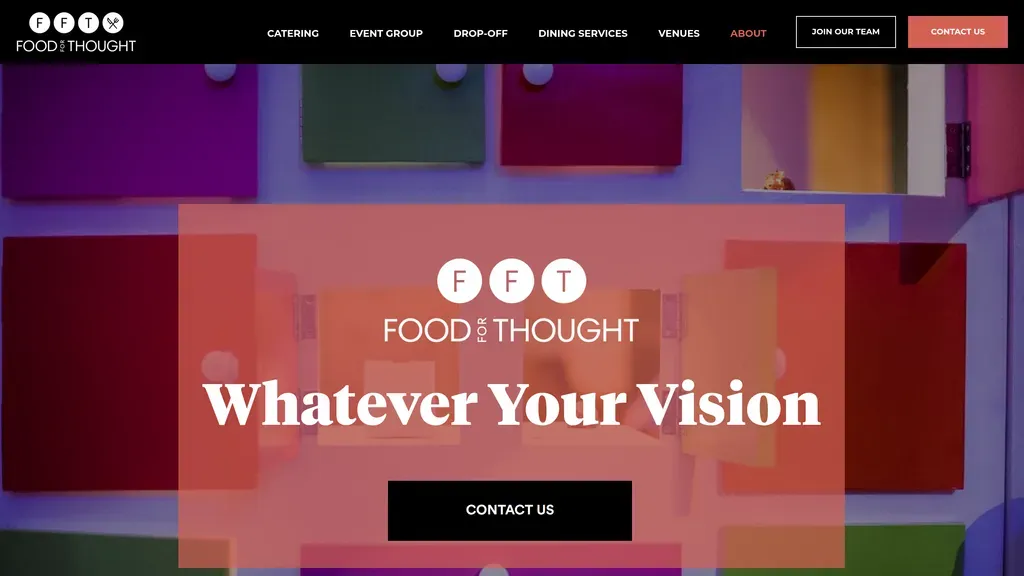 Food For Thought catering homepage with bold color blocks and the headline "Whatever Your Vision"
