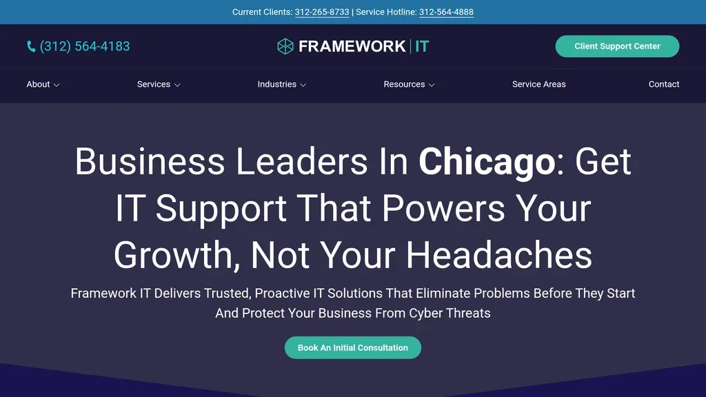 Framework IT homepage targeting Chicago business leaders with a purple hero