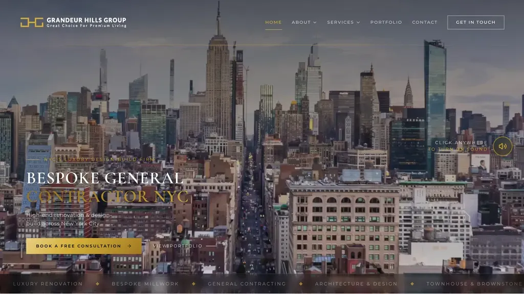 Grandeur Hills Group homepage showing a luxury Manhattan interior with a bespoke contractor headline