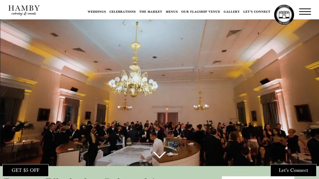 Hamby Catering homepage showing a chandelier-lit event venue full of guests