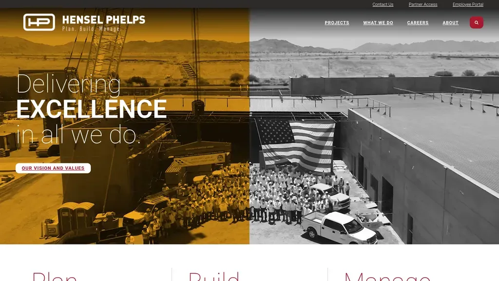 Hensel Phelps homepage with the headline "Delivering Excellence in all we do" over a flag-raising photo
