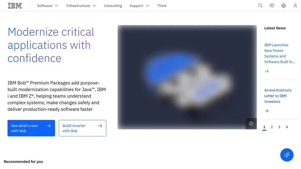 IBM homepage with the headline "Modernize critical applications with confidence" beside a soft blue gradient