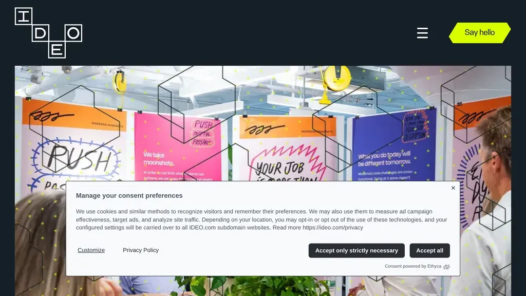 IDEO homepage with a dark playful hero of hand-drawn doodles