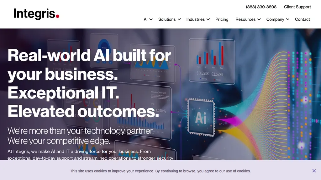 Integris homepage with the headline "Real-world AI built for your business" over a colorful collage