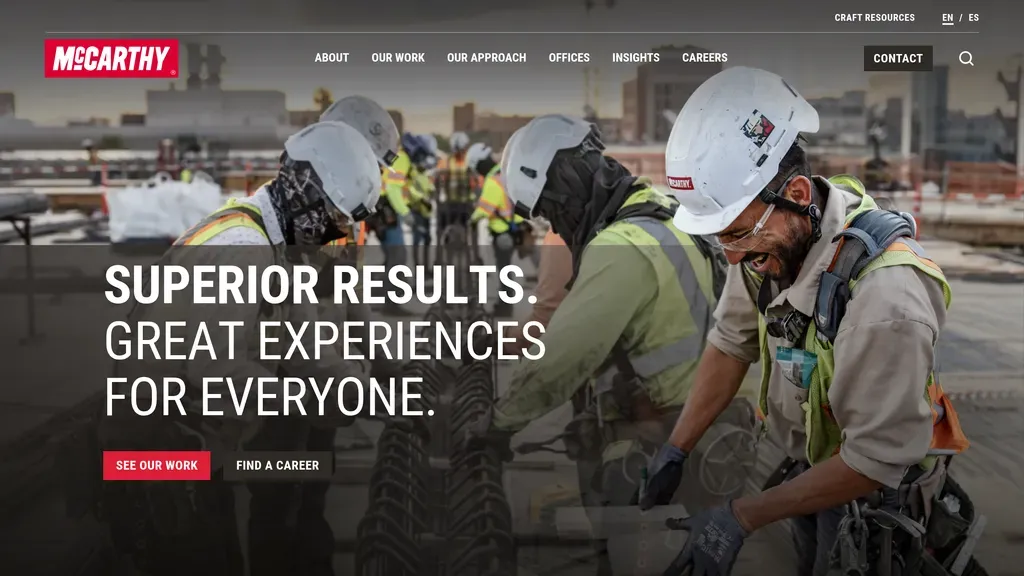 McCarthy Building Companies homepage with the headline "Superior Results. Great Experiences for Everyone." over a crew photo