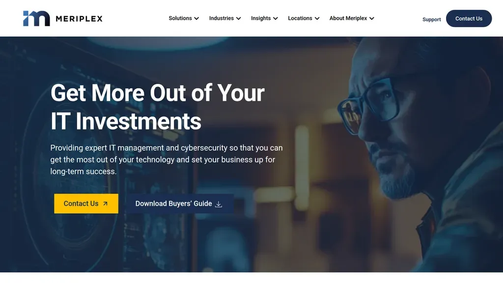 Meriplex homepage with the headline "Get More Out of Your IT Investments" beside a photo of an engineer