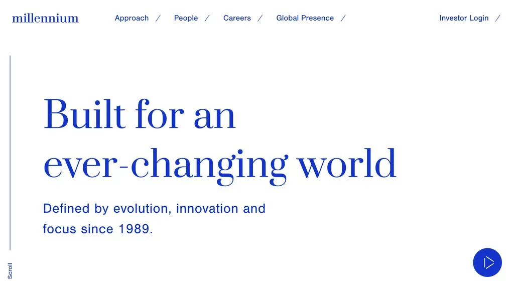 Millennium Management homepage with the headline "Built for an ever-changing world" in blue serif type