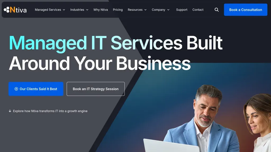 Ntiva homepage with the headline "Managed IT Services Built Around Your Business"