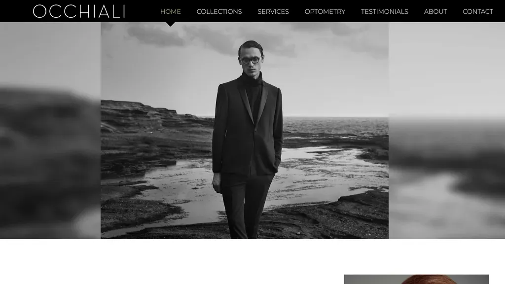 OCCHIALI New York homepage with dramatic black-and-white eyewear photography