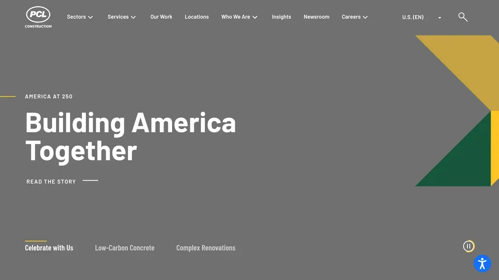PCL Construction homepage with a "Building America Together" feature and geometric accents