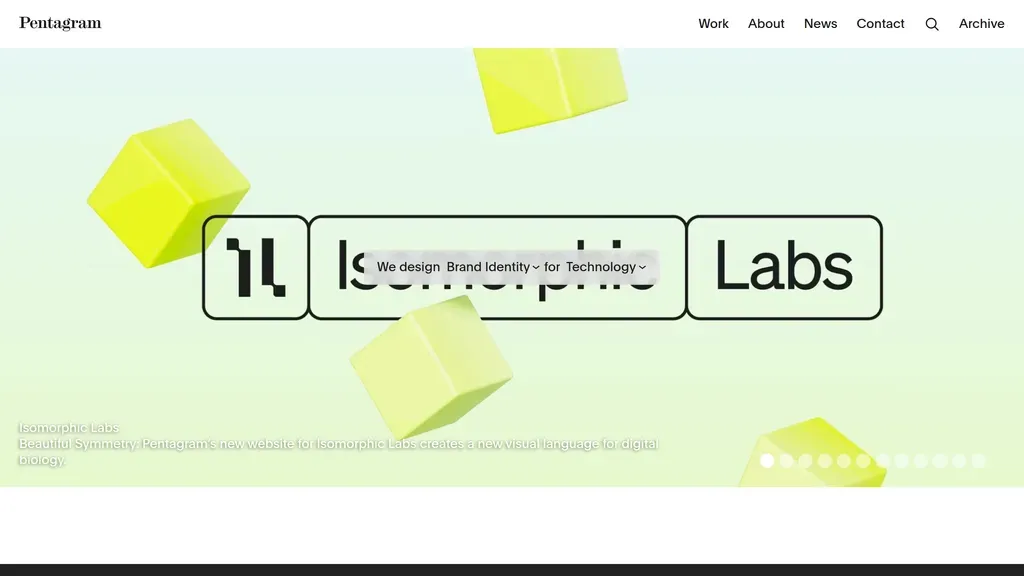 Pentagram homepage with a grid of design case studies and isometric lab graphics