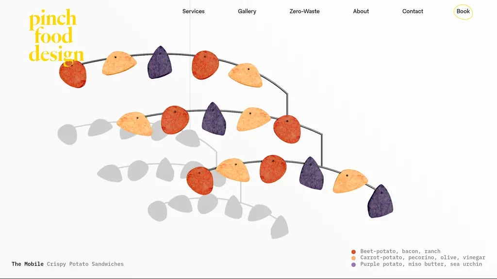 Pinch Food Design homepage with a playful illustrated mobile of food shapes on white