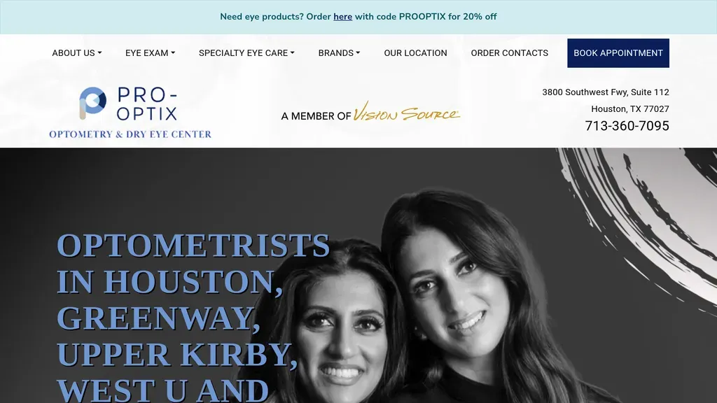 Pro-Optix Eye Care homepage introducing two Houston optometrists over a brushstroke design