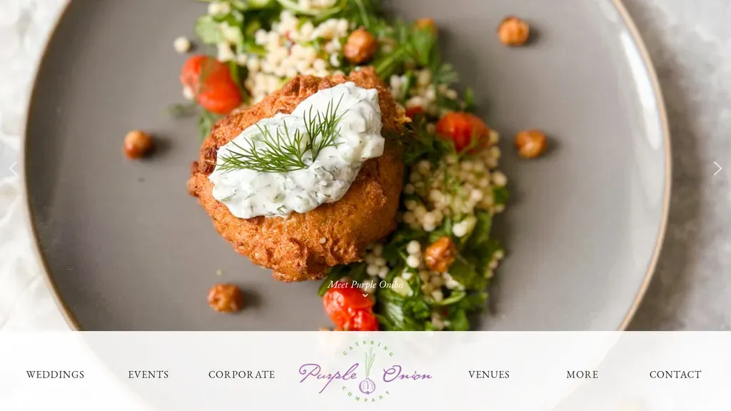 Purple Onion Catering homepage with a full-bleed photo of an appetizer plate and an elegant serif menu