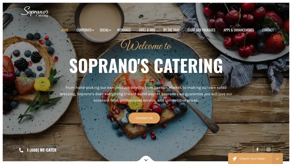 Sopranos Catering homepage with a welcome script headline over a berry-topped breakfast table