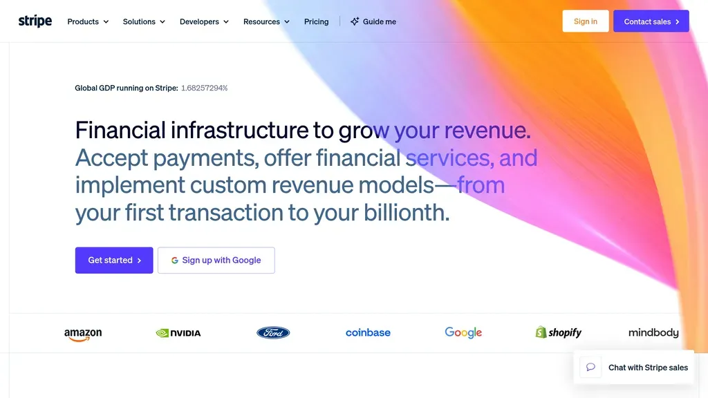 Stripe homepage with its signature gradient and the headline "Financial infrastructure to grow your revenue"
