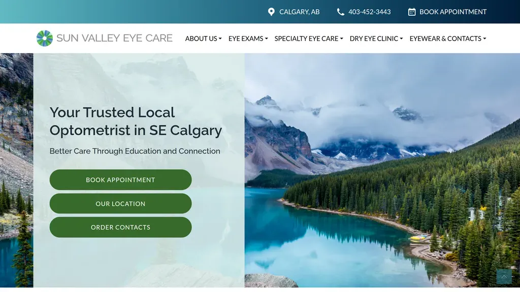 Sun Valley Eye Care homepage with a Calgary lake landscape and appointment buttons