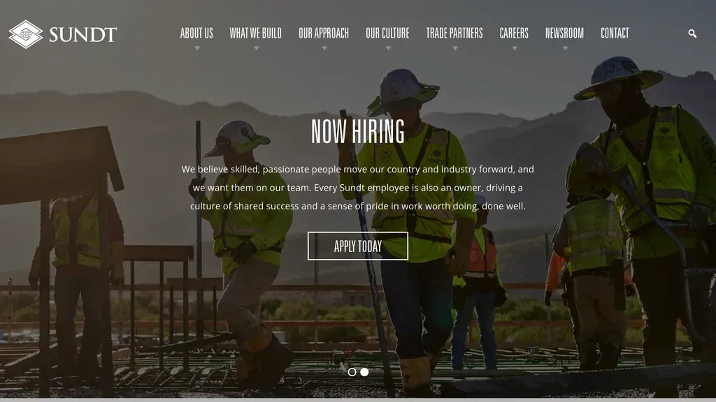Sundt Construction homepage with a "Now Hiring" banner over field crew photography