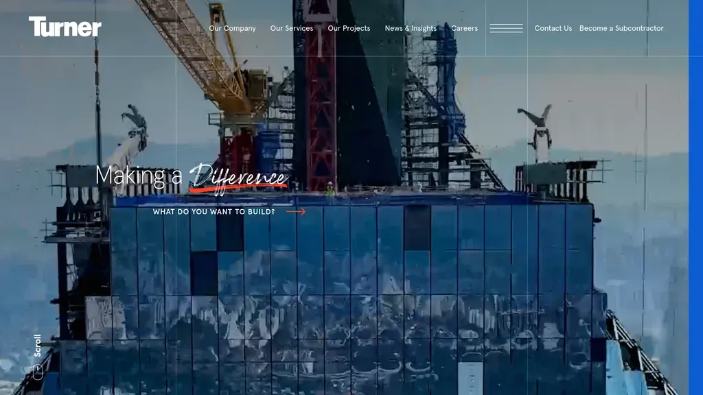 Turner Construction homepage with a full-screen construction site video and the tagline "Making a Difference"