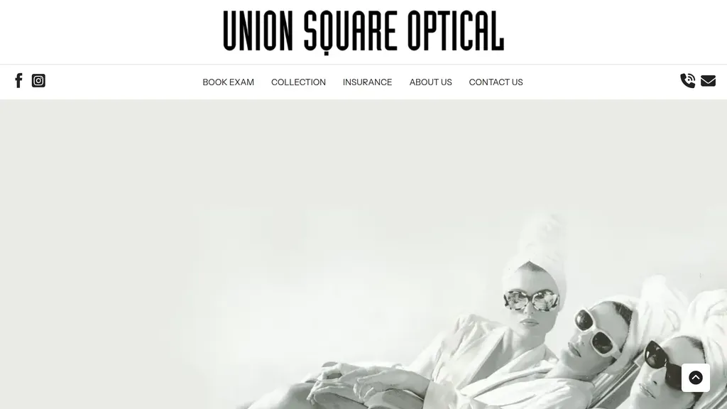 Union Square Optical homepage with a black-and-white photo and bold stencil wordmark