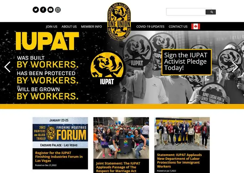 The image shows the IUPAT's homepage featuring a banner with the slogan "Built by workers, protected by workers, grown by workers," along with news updates and event information, including a registration section for the IUPAT Finishing Industries Forum in Las Vegas.