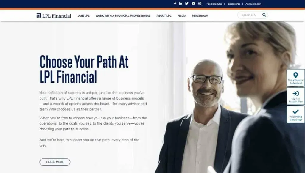 A professional business meeting setting with two people smiling in the foreground and a large text that reads, "Choose Your Path At LPL Financial," promoting financial advisory services on a sleek, modern website interface.