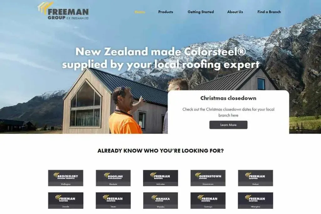 The homepage of a roofing company features two houses with striking steel roofs set against a backdrop of mountainous terrain under a partly cloudy sky.