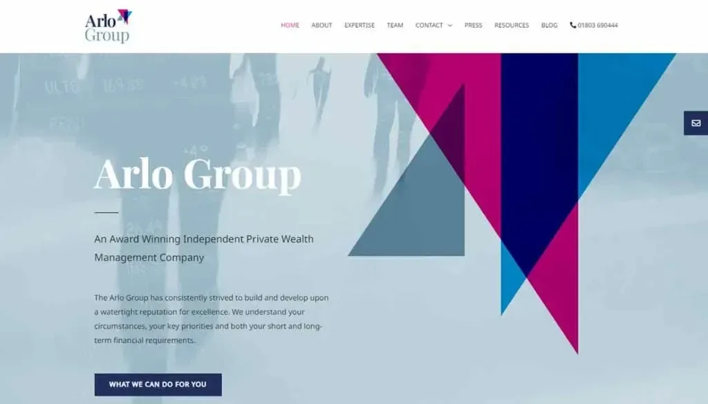 A website homepage for Arlo Group, featuring a modern design with the company's logo, a navigation menu, and a headline stating it is an award-winning independent private wealth management company, placed over a background with abstract geometric shapes.