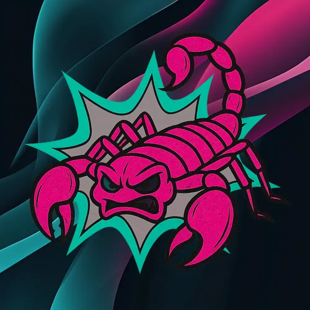 Una ilustración vibrante y estilizada de un escorpión rosa con una expresión enojada, ambientada contra un fondo geométrico abstracto con audaces olas de color teal y magenta.