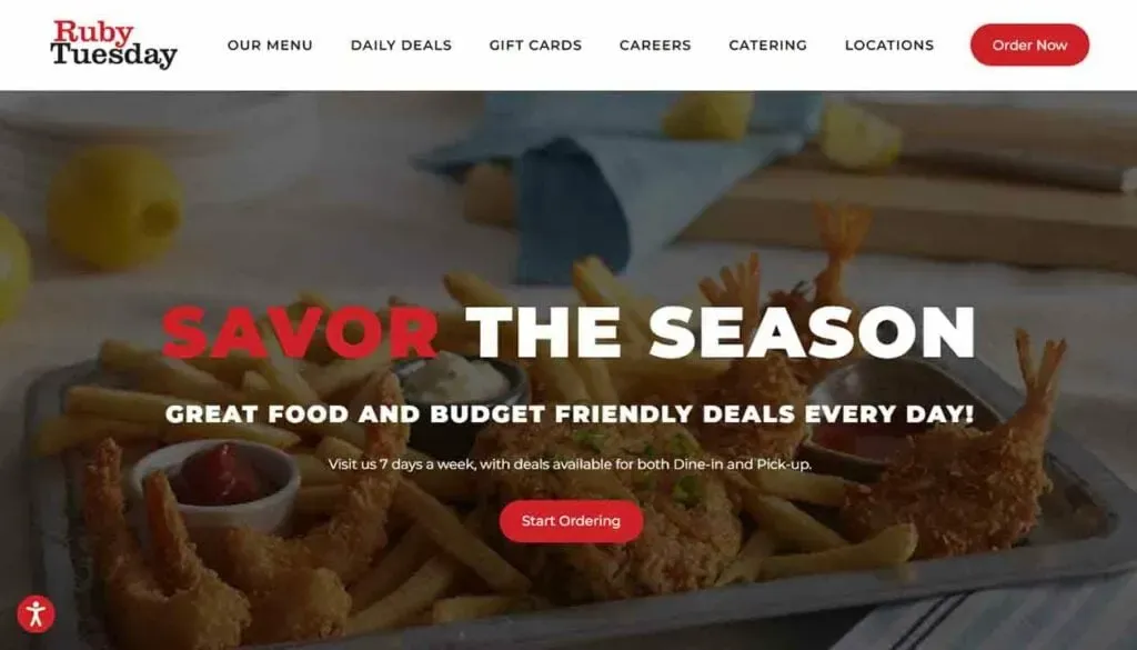 A promotional image for Ruby Tuesday featuring a tray of fried shrimp and fries, with lemons in the background, highlighting the message "Savor the Season" and offering daily budget-friendly deals for dine-in and pickup, plus a call-to-action button reading "Start Ordering".