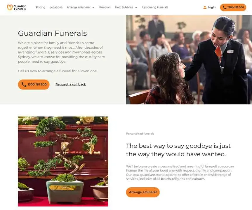 The website screenshot displays Guardian Funerals' homepage, featuring a serene image of a funeral service with a professional respectfully speaking to a guest, and promotional text detailing personalized farewell services alongside an image of bonsai plants, emphasizing care and compassion.