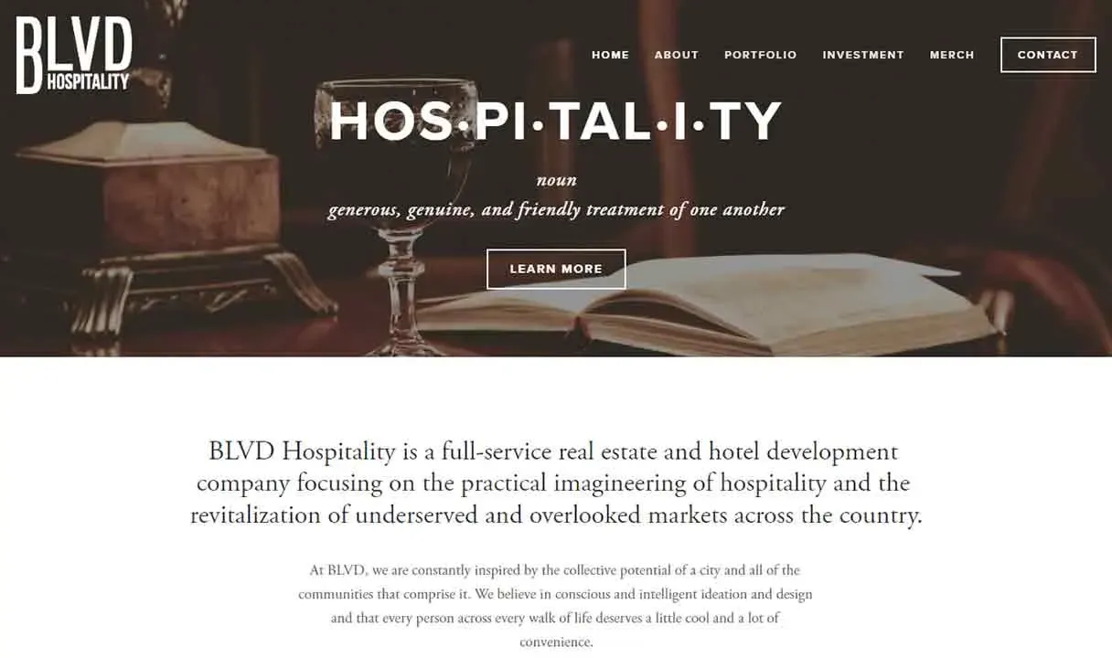 An elegant website homepage features the word "HOS-PIT-AL-I-TY" prominently, accompanied by a definition, set against a backdrop of vintage books and an inviting atmosphere, conveying a focus on genuine and friendly service in real estate and hotel development.
