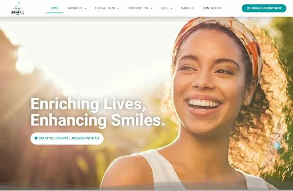 A joyful woman with curly hair and a headband smiles brightly in the sunshine, accompanied by dental clinic text overlay promoting enriching lives and enhancing smiles.