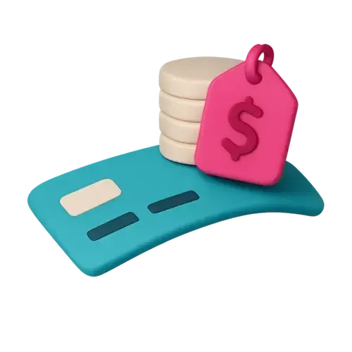 A stack of coins and a pink price tag with a dollar sign rest on a stylized blue credit card.
