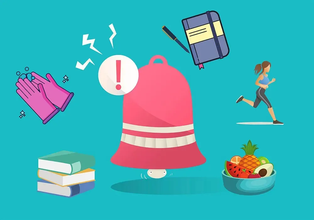 Íconos de buenos hábitos rodeando una campana: guantes de limpieza, diario, mujer corriendo, libros y tazón de frutas