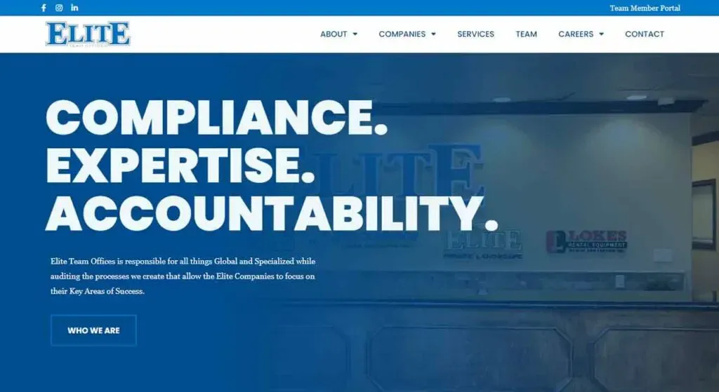 Blue-themed corporate webpage showcasing a professional office environment with the text "Compliance. Expertise. Accountability." prominently displayed alongside navigation links for various company sections.