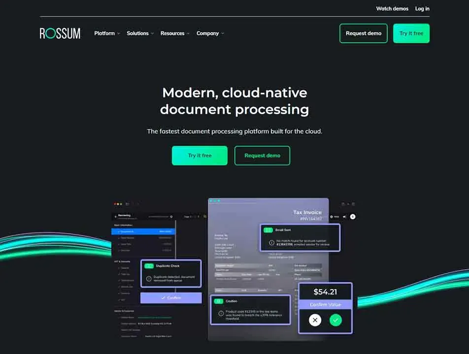 The image showcases a homepage interface for a modern, cloud-native document processing platform, featuring options to try or request a demo, and emphasizing its speed and efficiency.