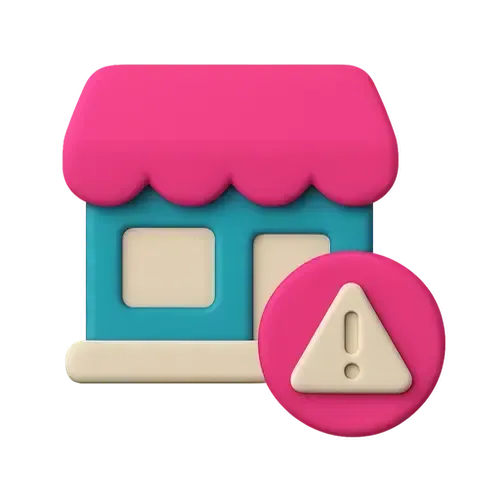A 3D illustration of a small teal storefront with a pink roof, featuring a circular pink warning symbol with an exclamation mark in front.